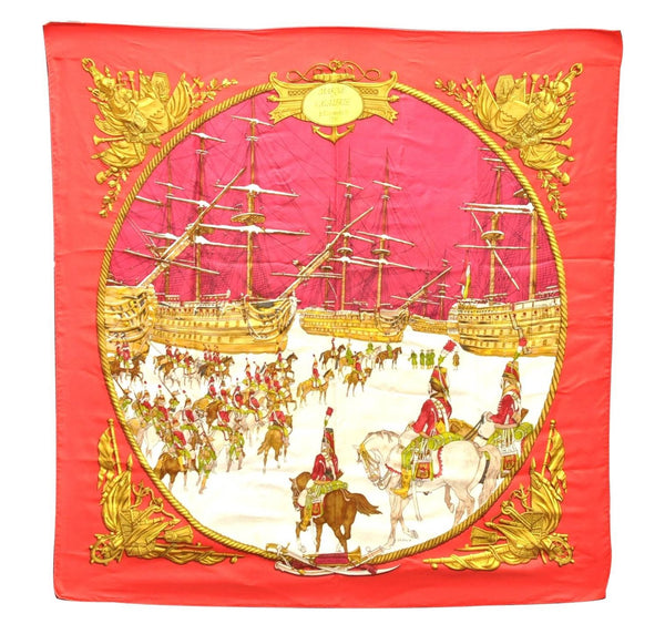 Authentic HERMES Carre 90 Scarf "MARINE ET CAVALERIE" Silk Red 3004D