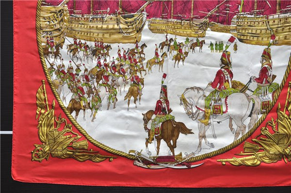 Authentic HERMES Carre 90 Scarf "MARINE ET CAVALERIE" Silk Red 3004D