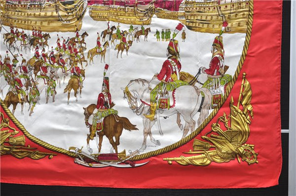 Authentic HERMES Carre 90 Scarf "MARINE ET CAVALERIE" Silk Red 3004D
