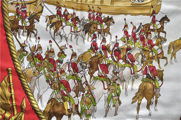 Authentic HERMES Carre 90 Scarf "MARINE ET CAVALERIE" Silk Red 3004D