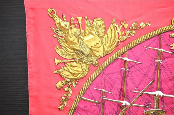 Authentic HERMES Carre 90 Scarf "MARINE ET CAVALERIE" Silk Red 3004D