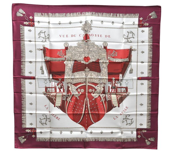 Authentic HERMES Carre 90 Scarf "VUE DU CARROSSE" Silk Bordeaux Red 3006D