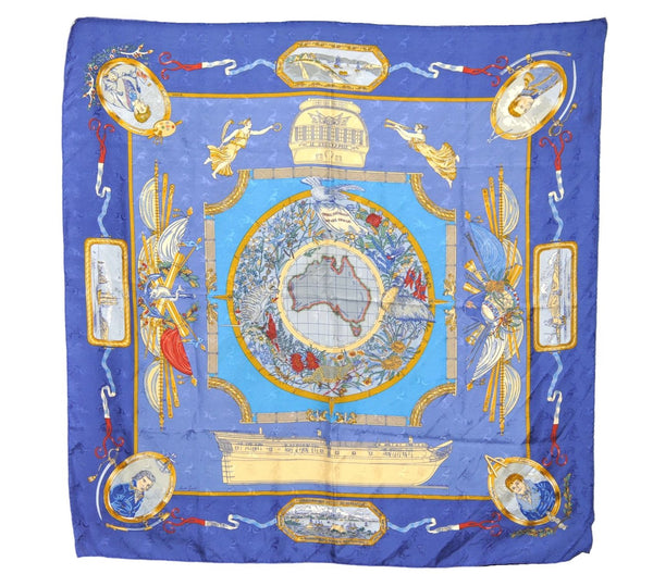 Authentic HERMES Carre 90 Scarf "LE GEOGRAPHE" Silk Blue 3006E