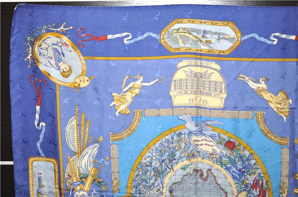 Authentic HERMES Carre 90 Scarf "LE GEOGRAPHE" Silk Blue 3006E