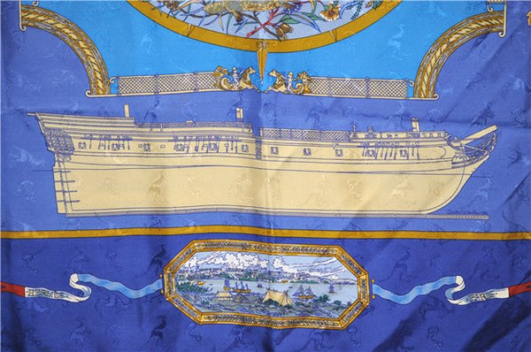 Authentic HERMES Carre 90 Scarf "LE GEOGRAPHE" Silk Blue 3006E