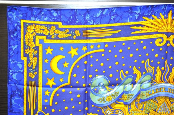 Authentic HERMES Carre 90 Scarf "CARPE DIEM" Silk Blue Box 3007D