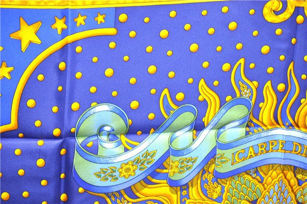 Authentic HERMES Carre 90 Scarf "CARPE DIEM" Silk Blue Box 3007D