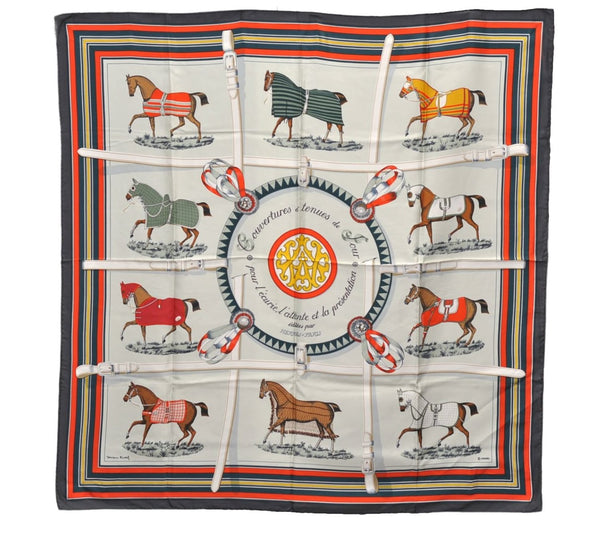 Authentic HERMES Carre 90 Scarf "Couvertures et Tenues du Jour" Silk Gray 3007E