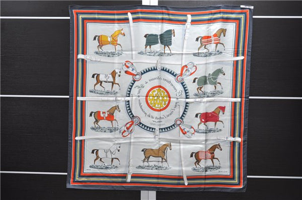 Authentic HERMES Carre 90 Scarf "Couvertures et Tenues du Jour" Silk Gray 3007E