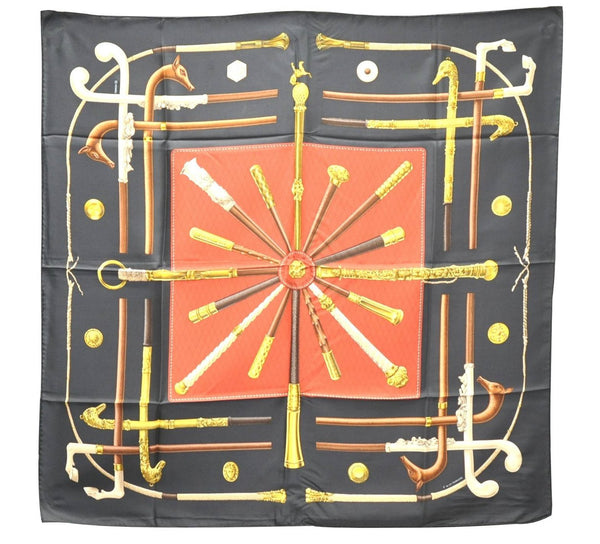 Authentic HERMES Carre 90 Scarf "CANNES & POMMEAUX" Silk Black Box 3009D