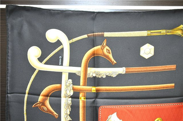 Authentic HERMES Carre 90 Scarf "CANNES & POMMEAUX" Silk Black Box 3009D