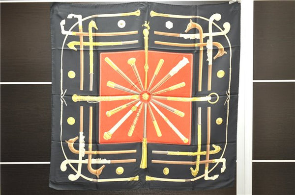 Authentic HERMES Carre 90 Scarf "CANNES & POMMEAUX" Silk Black Box 3009D