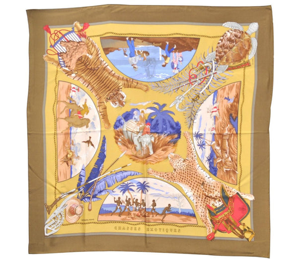 Authentic HERMES Carre 90 Scarf "CHASSES EXOTIQUES" Silk Brown Box 3011D