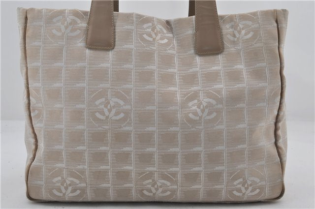 Authentic CHANEL New Travel Line Shoulder Tote Bag Nylon Leather Beige 3017E