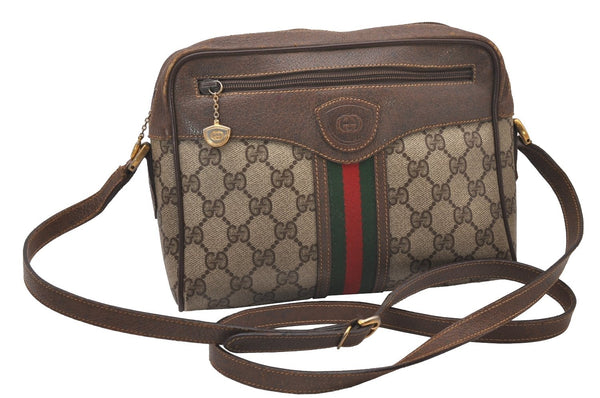 Authentic GUCCI Web Sherry Line Shoulder Cross Bag GG PVC Leather Brown 3026I