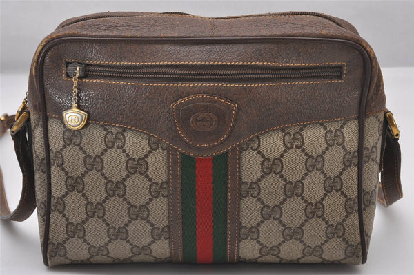 Authentic GUCCI Web Sherry Line Shoulder Cross Bag GG PVC Leather Brown 3026I