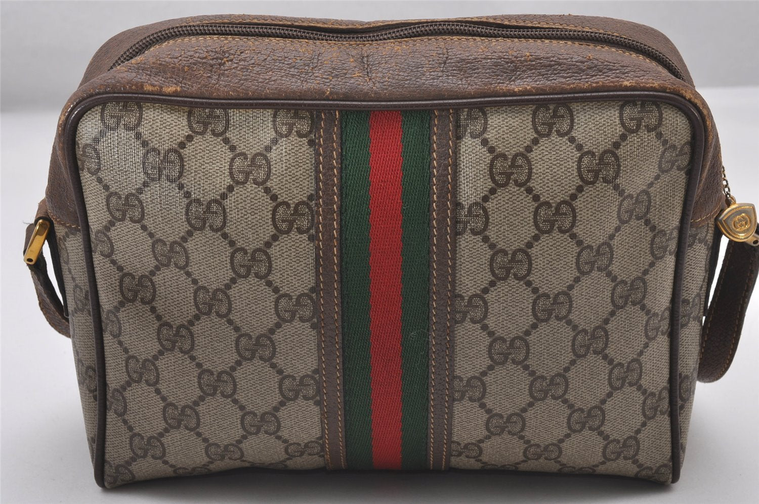 Authentic GUCCI Web Sherry Line Shoulder Cross Bag GG PVC Leather Brown 3026I