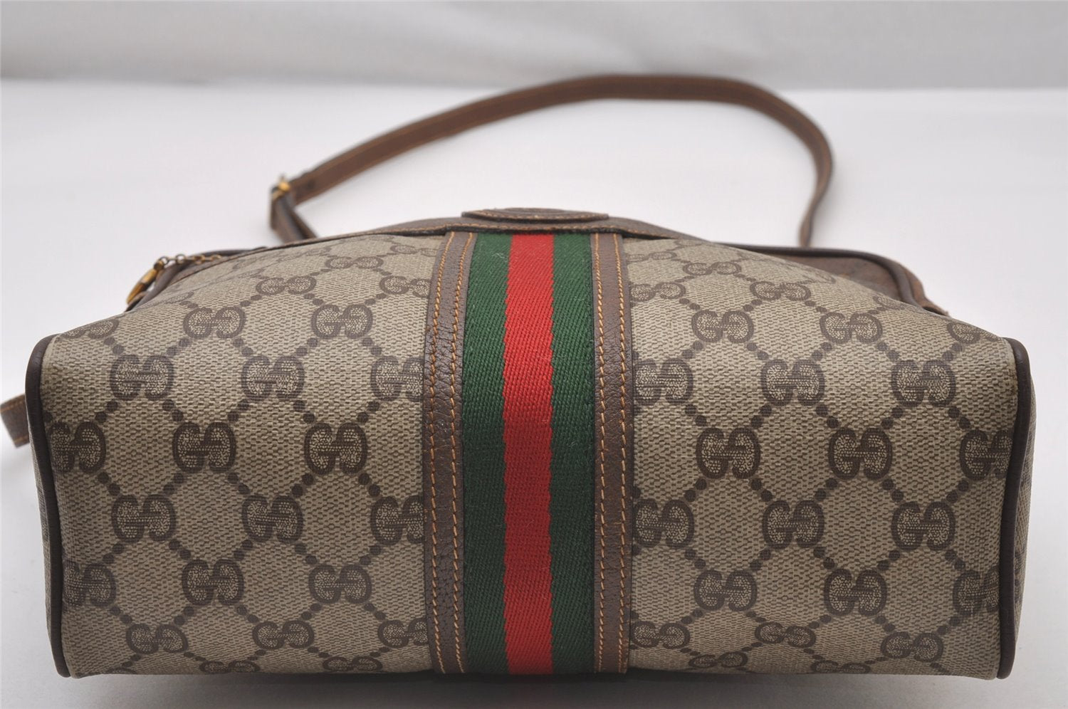Authentic GUCCI Web Sherry Line Shoulder Cross Bag GG PVC Leather Brown 3026I