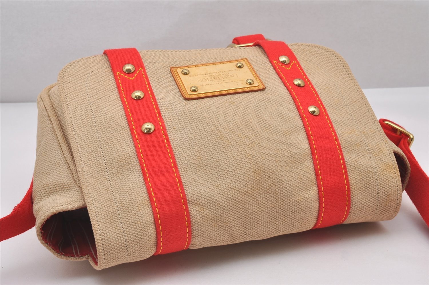 Auth Louis Vuitton Antigua Buzas PM Shoulder Cross Bag Beige Red M40041 LV 3028I