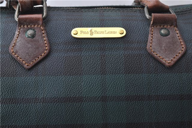 Authentic POLO Ralph Lauren Check PVC Leather Hand Boston Bag Green 3036D