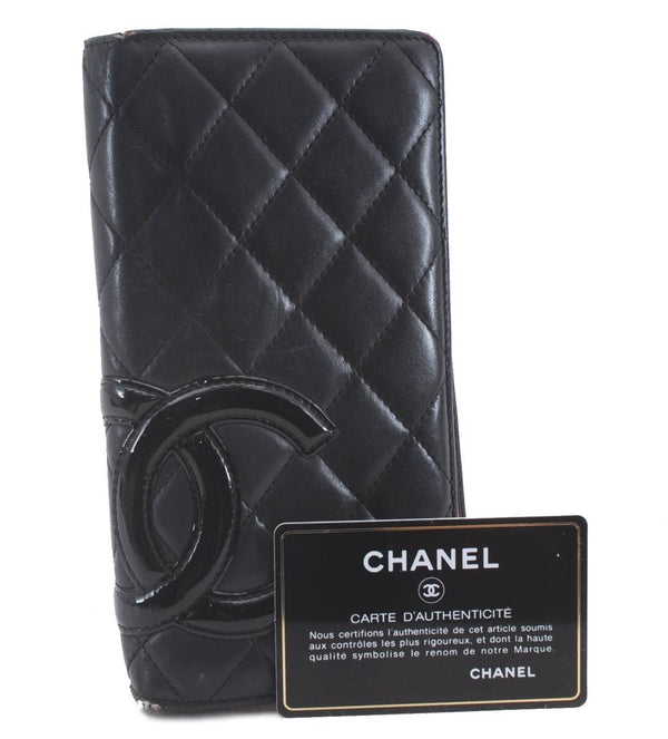 Authentic CHANEL Calf Skin Cambon Line CoCo Mark Bifold Long Wallet Black 3053D