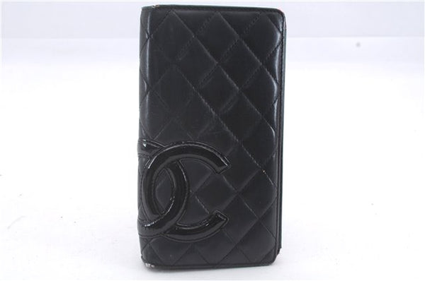 Authentic CHANEL Calf Skin Cambon Line CoCo Mark Bifold Long Wallet Black 3053D