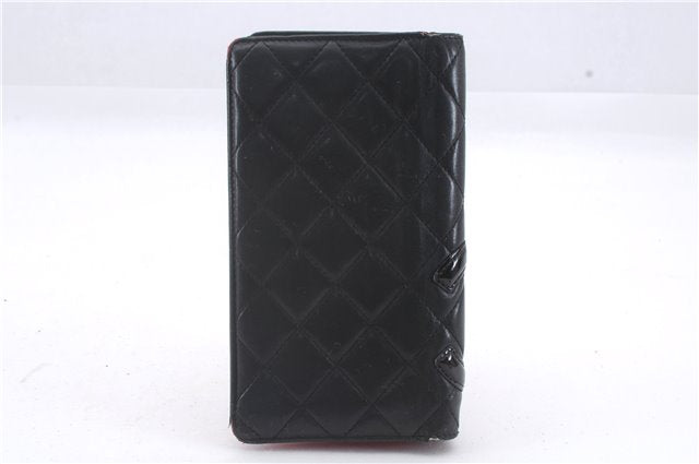 Authentic CHANEL Calf Skin Cambon Line CoCo Mark Bifold Long Wallet Black 3053D