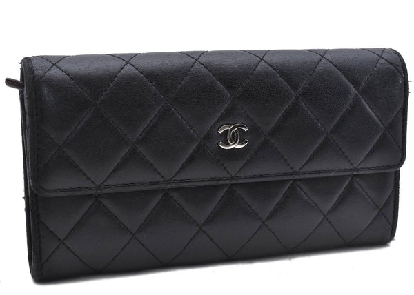 Authentic CHANEL Lamb Skin Matelasse Long Wallet Purse Black CC 3055D