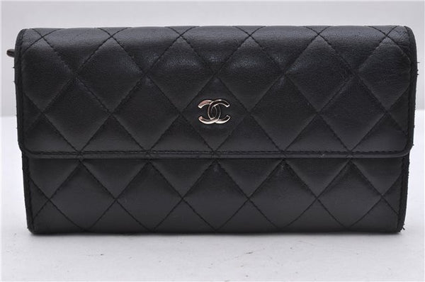 Authentic CHANEL Lamb Skin Matelasse Long Wallet Purse Black CC 3055D