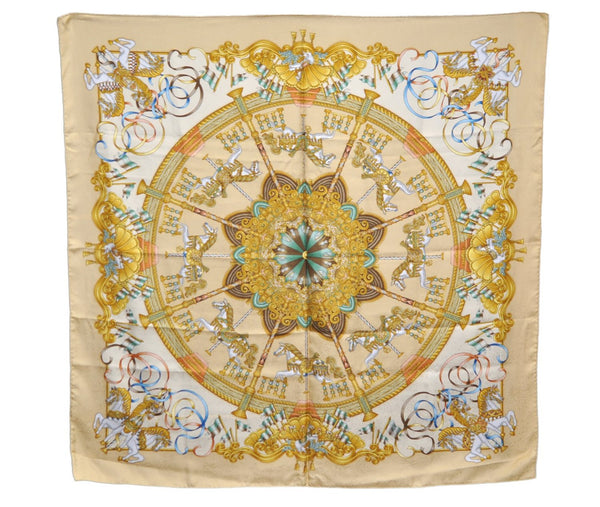 Authentic HERMES Carre 90 Scarf "LUNA PARK" Silk Beige 3055E