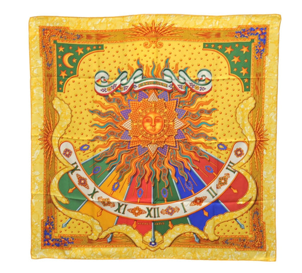 Authentic HERMES Carre 90 Scarf "CARPE DIEM" Silk Yellow 3056E