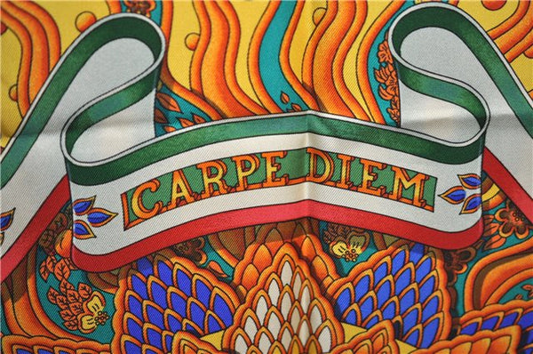 Authentic HERMES Carre 90 Scarf "CARPE DIEM" Silk Yellow 3056E