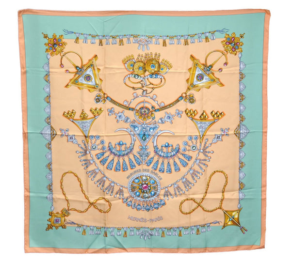 Authentic HERMES Carre 90 Scarf "Parures Des Sables" Silk Orange 3059E