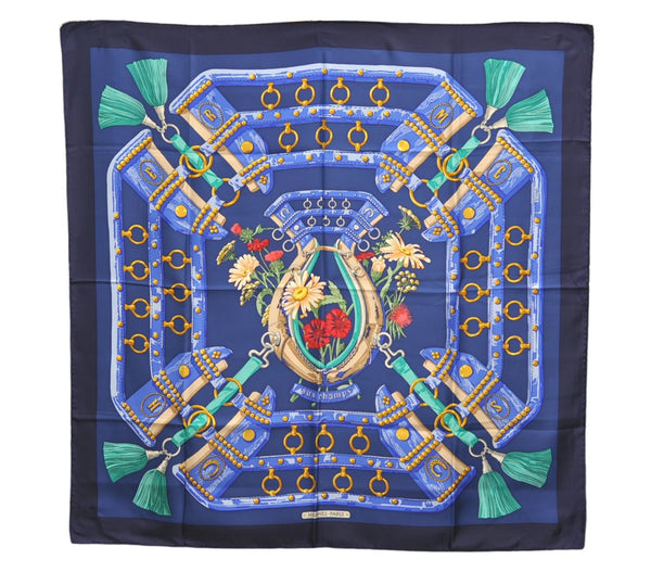 Authentic HERMES Carre 90 Scarf "Aux Champs" Silk Navy 3060E