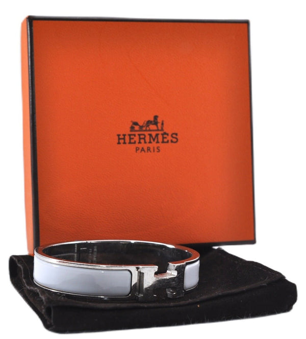 Authentic HERMES Clic Clac PM Bangle Bracelet White Silver Box 3074F