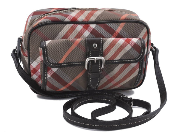 Authentic BURBERRY BLUE LABEL Check Shoulder Bag Nylon Leather Brown Red 3076D