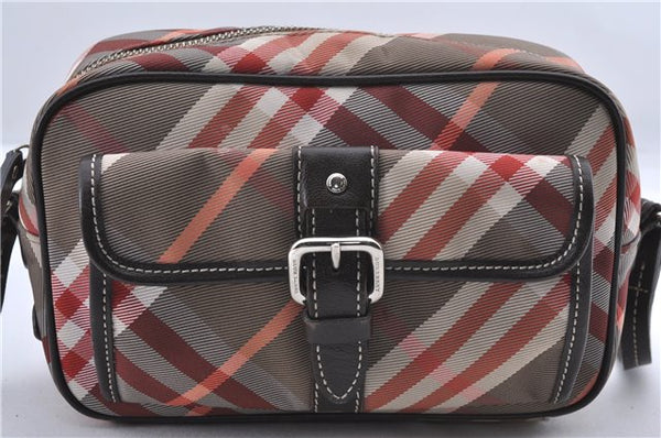 Authentic BURBERRY BLUE LABEL Check Shoulder Bag Nylon Leather Brown Red 3076D