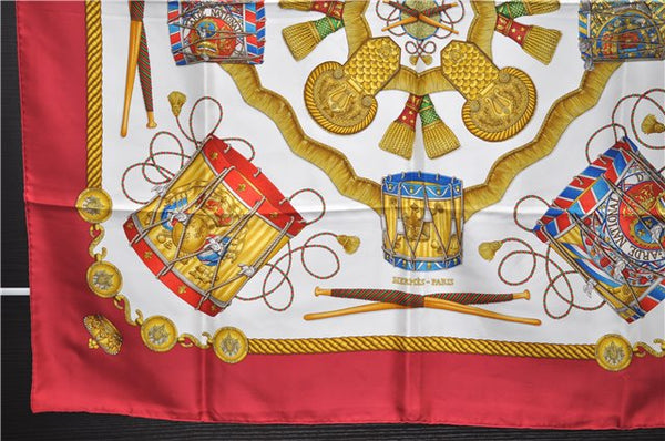 Authentic HERMES Carre 90 Scarf "LES TAMBOURS" Silk Red 3079E