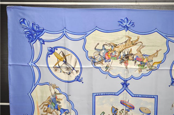 Authentic HERMES Carre 90 Scarf "LES CHEVAUX DES MOGHOLS" Silk Blue 3082E