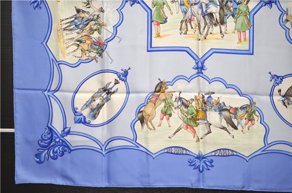 Authentic HERMES Carre 90 Scarf "LES CHEVAUX DES MOGHOLS" Silk Blue 3082E