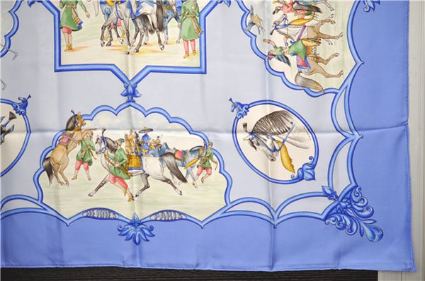 Authentic HERMES Carre 90 Scarf "LES CHEVAUX DES MOGHOLS" Silk Blue 3082E