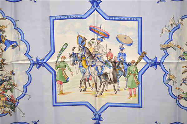 Authentic HERMES Carre 90 Scarf "LES CHEVAUX DES MOGHOLS" Silk Blue 3082E