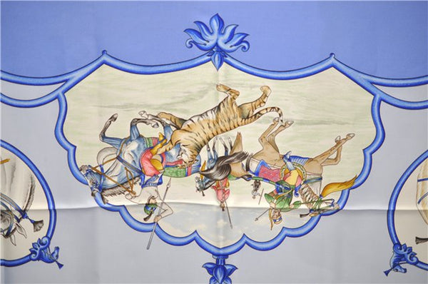 Authentic HERMES Carre 90 Scarf "LES CHEVAUX DES MOGHOLS" Silk Blue 3082E