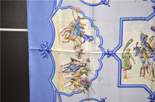 Authentic HERMES Carre 90 Scarf "LES CHEVAUX DES MOGHOLS" Silk Blue 3082E