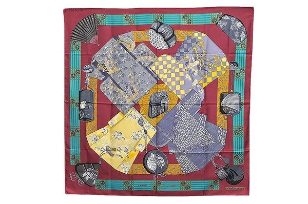 Authentic HERMES Carre 90 Scarf "Kimonos et Inros" Silk Purple 3085E