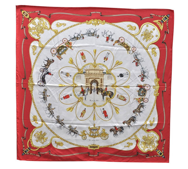 Authentic HERMES Carre 90 Scarf "Buckingham Palace" Silk Red 3087D