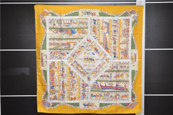 Authentic HERMES Carre 90 Scarf "A LA GLOIRE DE GVILLAVME" Silk Yellow 3089E