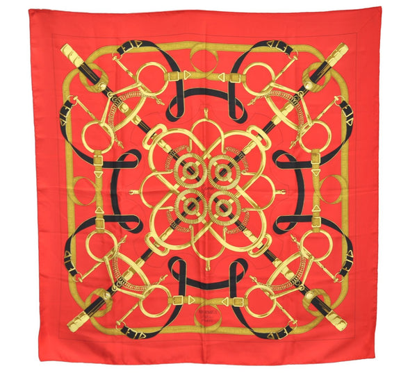 Authentic HERMES Carre 90 Scarf "Eperon d'or" Silk Red 3091E