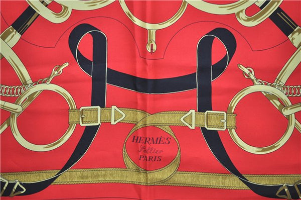 Authentic HERMES Carre 90 Scarf "Eperon d'or" Silk Red 3091E