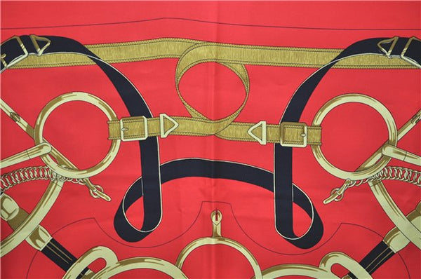 Authentic HERMES Carre 90 Scarf "Eperon d'or" Silk Red 3091E